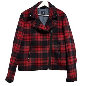 Gap Jacket‎ Womens XL Red Black Plaid Wool Moto Biker Zip Pockets Buckle Short
